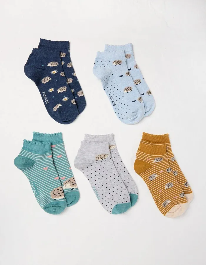 5 Pack Hedgehog Trainer Socks Multi Women FatFace Socks Underwear and Tights