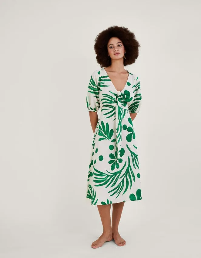 Abstract Palm Print Tie Front Midi Dress Green Women Monsoon Dresses