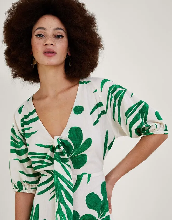 Abstract Palm Print Tie Front Midi Dress Green Women Monsoon Dresses