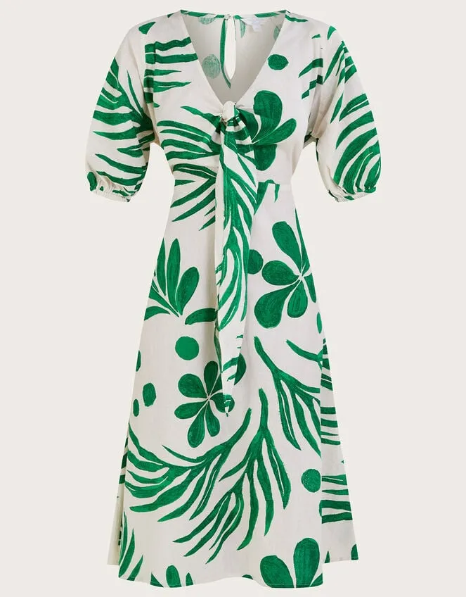 Abstract Palm Print Tie Front Midi Dress Green Women Monsoon Dresses