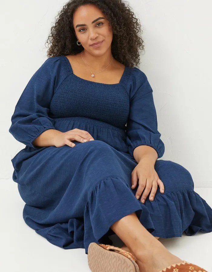 Adele Shirred Midi Dress Bright Blue Women FatFace Dresses