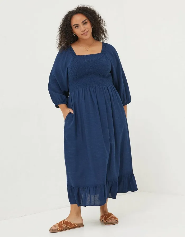 Adele Shirred Midi Dress Bright Blue Women FatFace Dresses