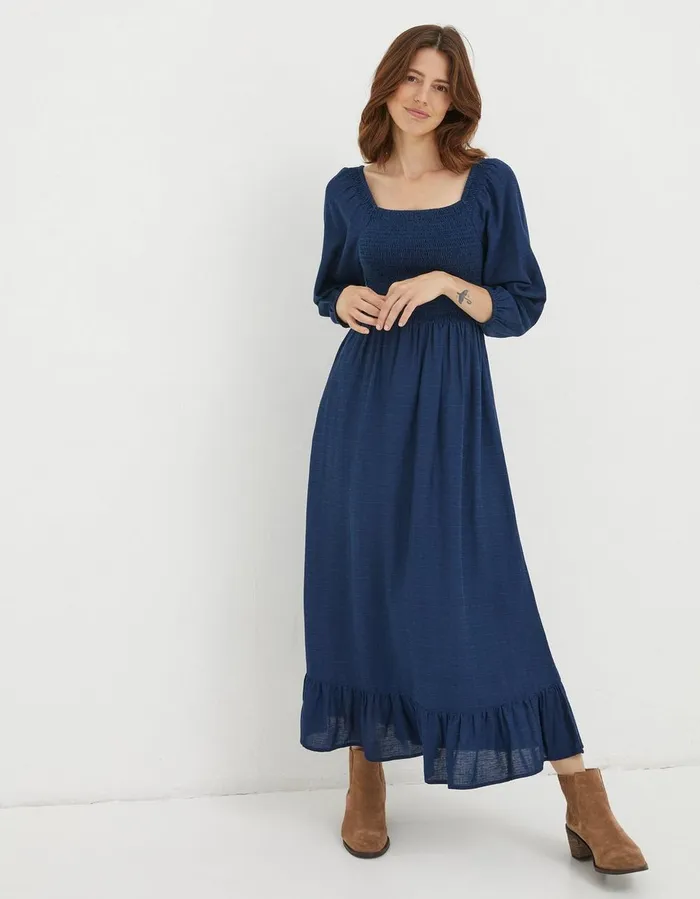 Adele Shirred Midi Dress Bright Blue Women FatFace Dresses