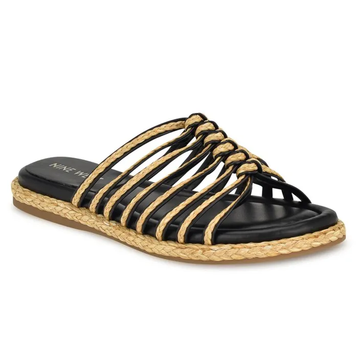 Adila Flat Espadrille Sandals Black Raffia Women Nine West Sandals