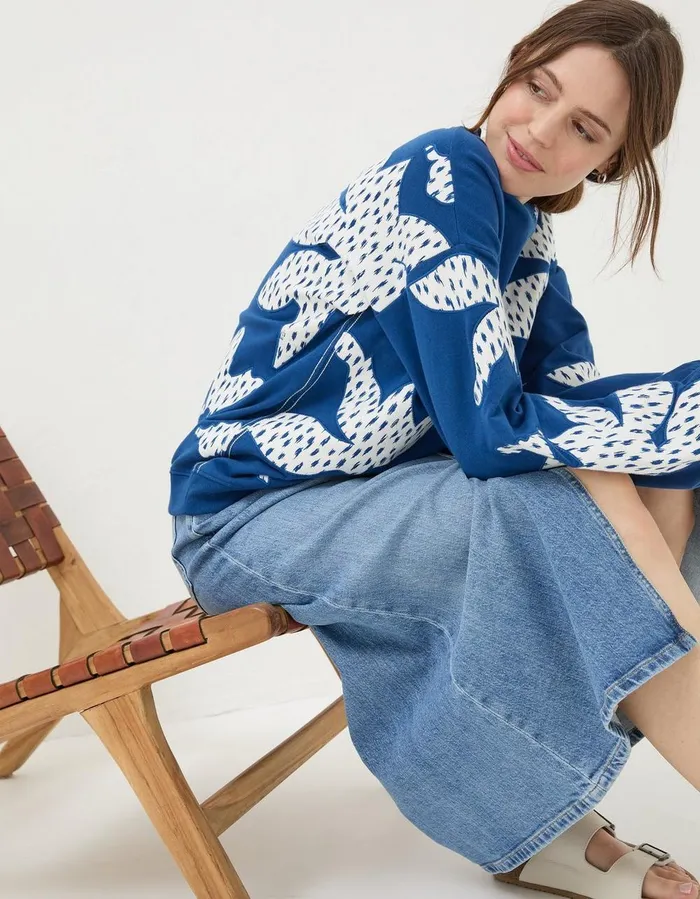 Alex Textured Leaves Crew Sweatshirt Dark Blue Women FatFace Sweatshirts and Hoodies