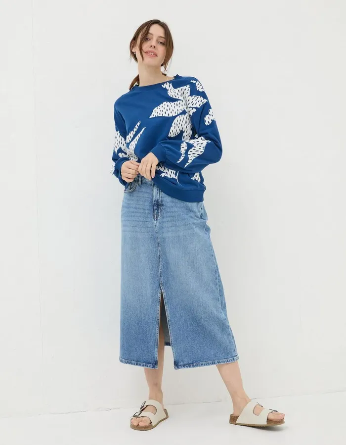 Alex Textured Leaves Crew Sweatshirt Dark Blue Women FatFace Sweatshirts and Hoodies