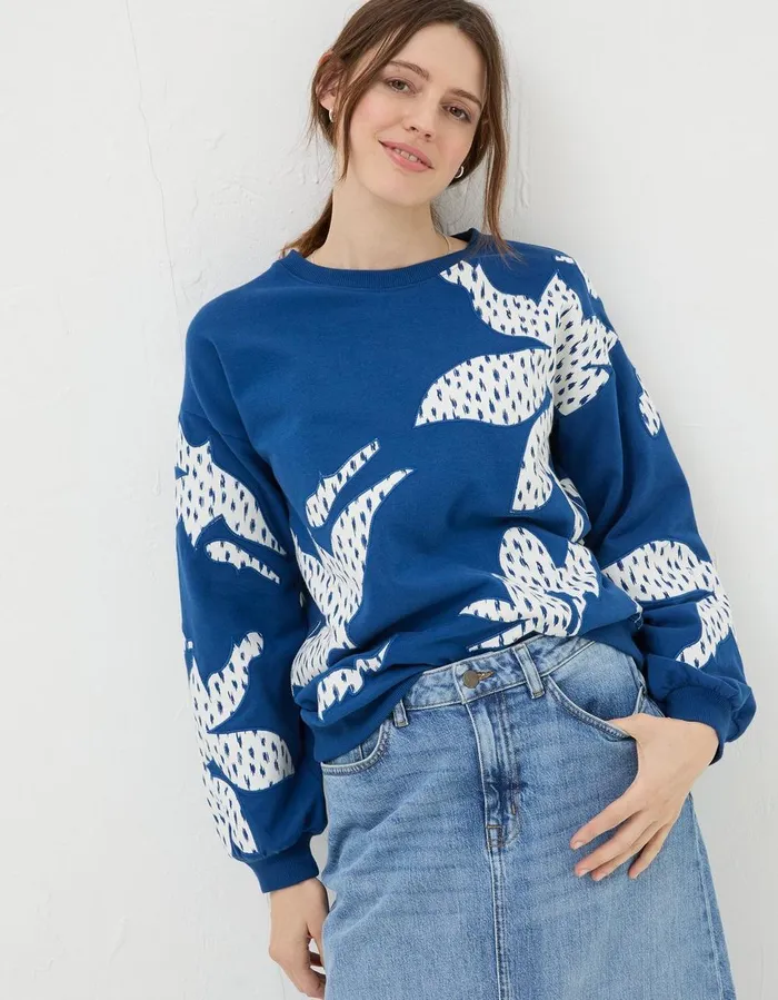 Alex Textured Leaves Crew Sweatshirt Dark Blue Women FatFace Sweatshirts and Hoodies