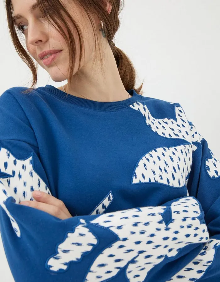 Alex Textured Leaves Crew Sweatshirt Dark Blue Women FatFace Sweatshirts and Hoodies