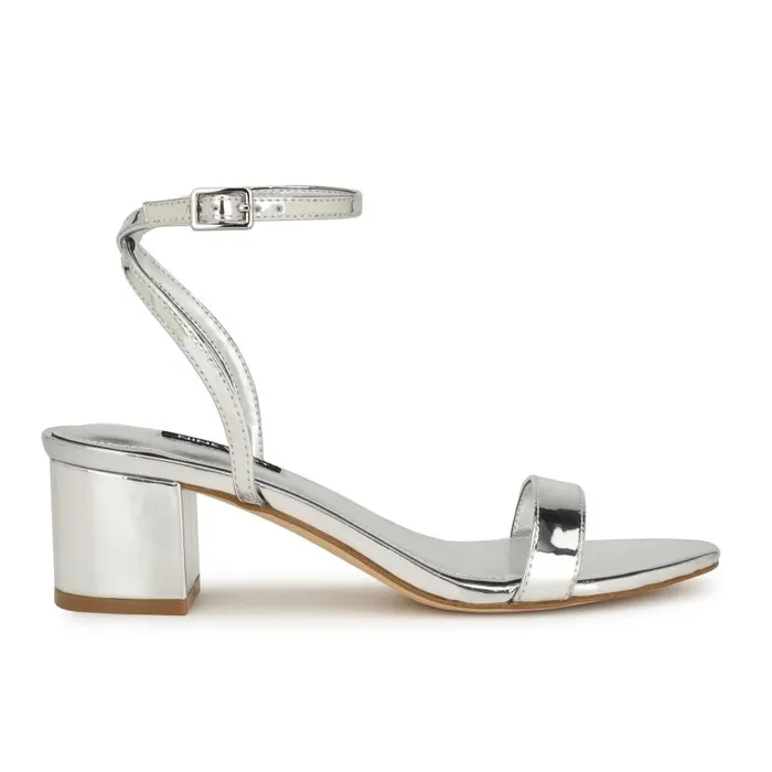 Allora Ankle Strap Block Heeled Sandals Silver Women Nine West Heels