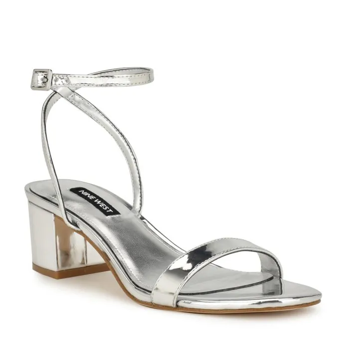 Allora Ankle Strap Block Heeled Sandals Silver Women Nine West Heels