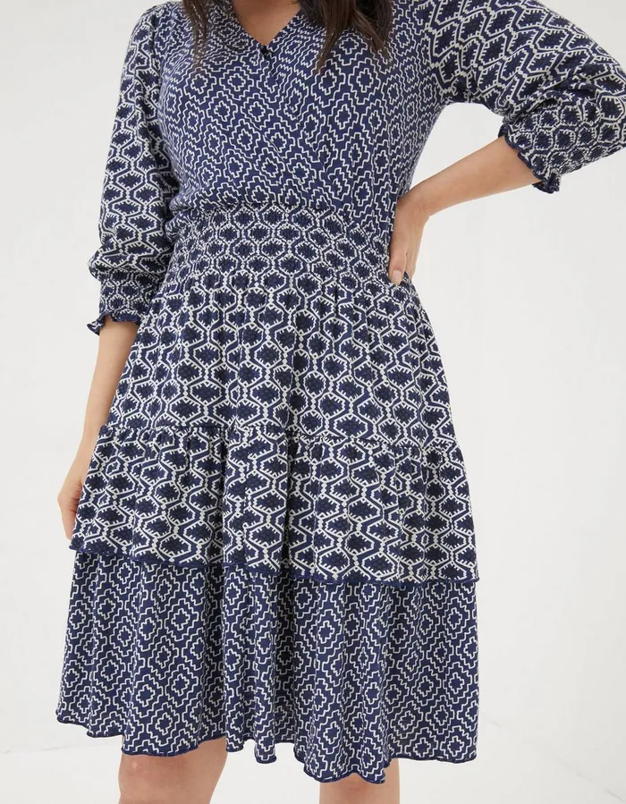 Amba Patchwork Geo Jersey Dress Navy Women FatFace Dresses
