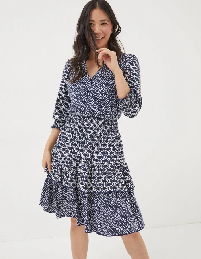 Amba Patchwork Geo Jersey Dress Navy Women FatFace Dresses