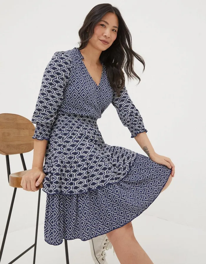Amba Patchwork Geo Jersey Dress Navy Women FatFace Dresses