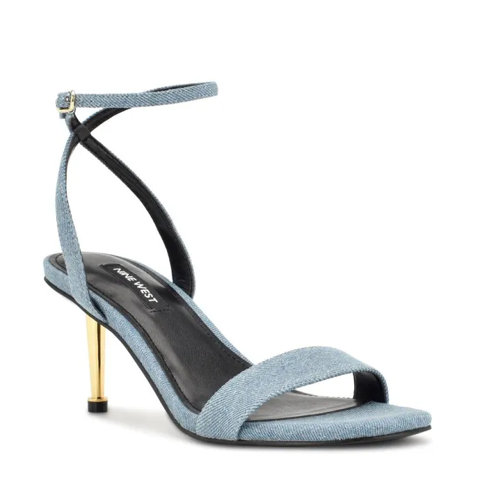 Anny Ankle Strap Heeled Sandals Blue Denim Fabric Women Nine West Heels
