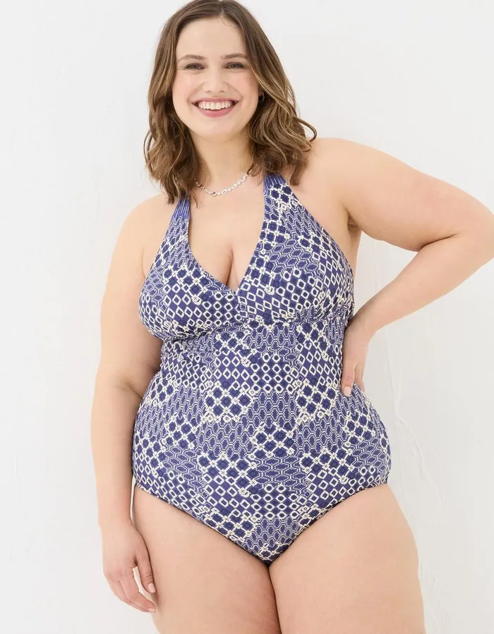 Ari Patchwork Geo Swimsuit Blue Women FatFace Beachwear and Swimwear