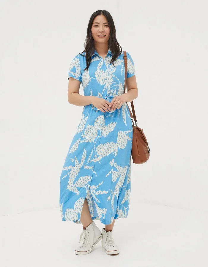 Aster Textured Leaves Midi Dress Aqua Blue Women FatFace Dresses