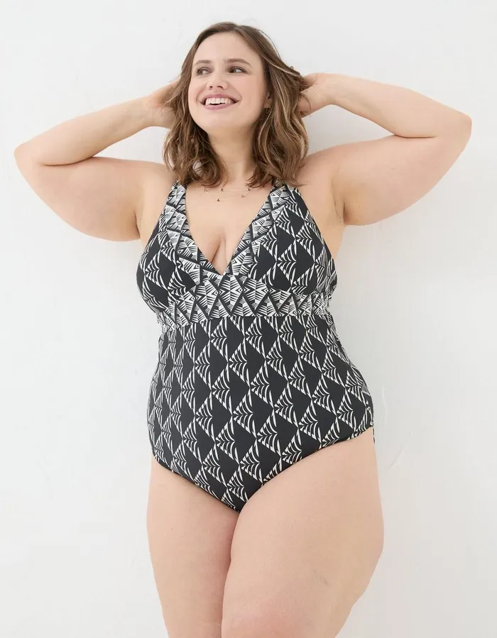 Ava Mono Geo Swimsuit Black Women FatFace Beachwear and Swimwear