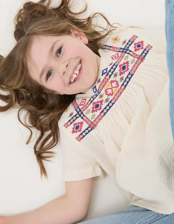 Aztec Embroidered Top Ivory Girls FatFace Tops and TShirts