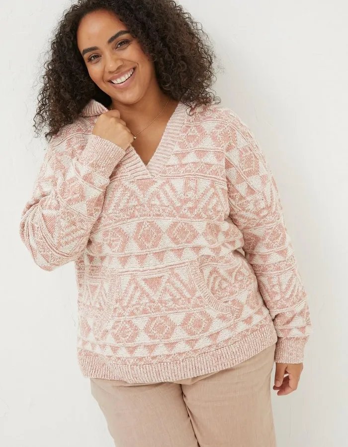 Aztec Textured Hoodie Dusky Pink Women FatFace Sweatshirts and Hoodies