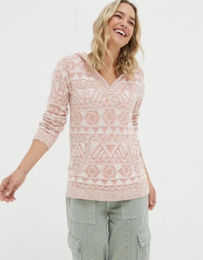 Aztec Textured Hoodie Dusky Pink Women FatFace Sweatshirts and Hoodies