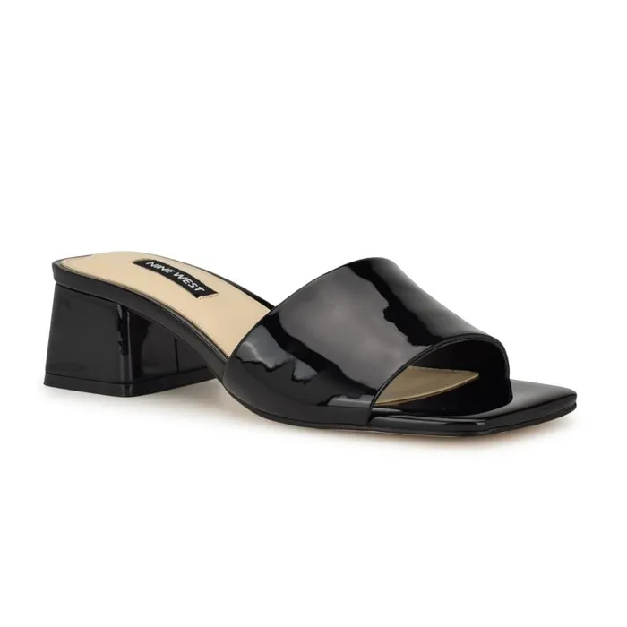 Bamsy Block Heel Slide Sandals Black Patent Women Nine West Heels