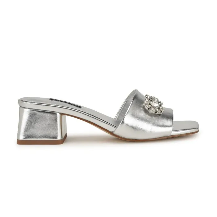 Bamsy Block Heel Slide Sandals Silver Women Nine West Sandals