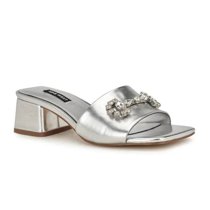 Bamsy Block Heel Slide Sandals Silver Women Nine West Sandals