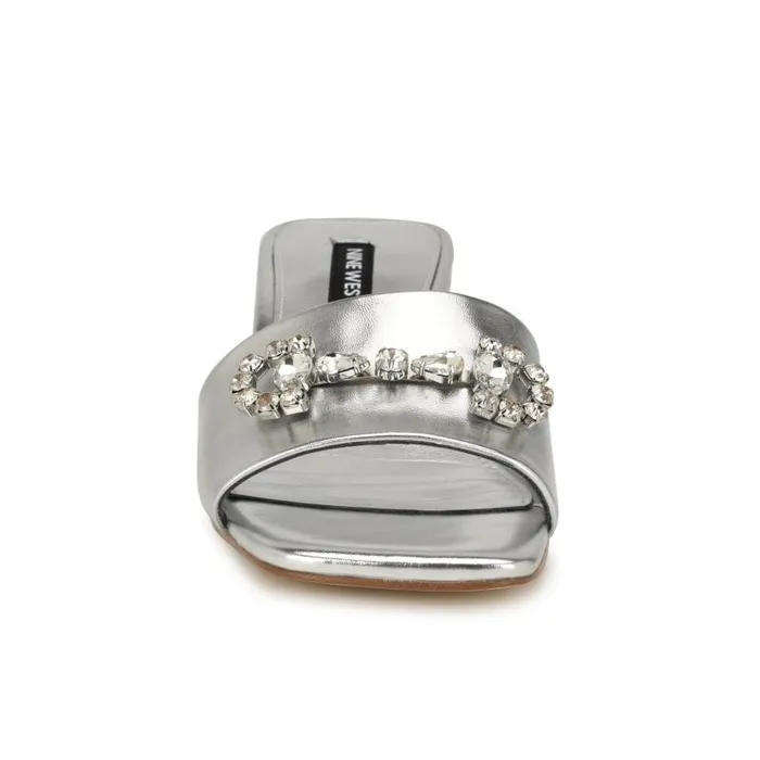 Bamsy Block Heel Slide Sandals Silver Women Nine West Sandals