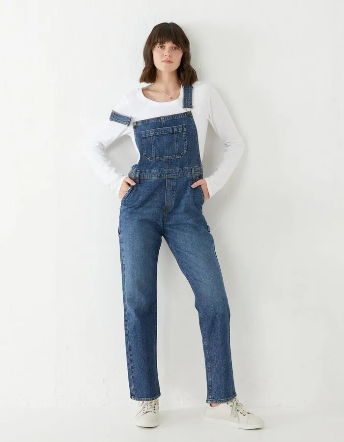 Banbury Straight Leg Denim Dungarees Mid Blue Women FatFace Jeans and Dungarees
