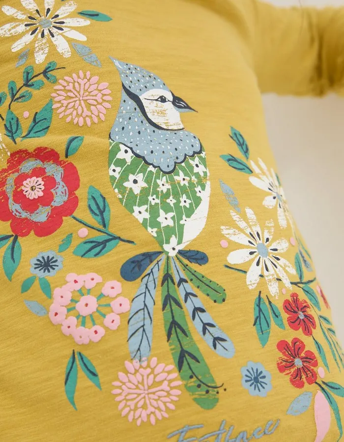 Bird Graphic TShirt Washed Yellow Girls FatFace Tops and TShirts