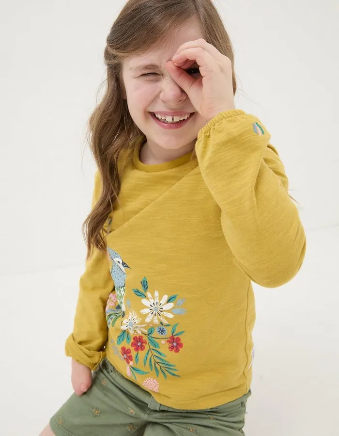 Bird Graphic TShirt Washed Yellow Girls FatFace Tops and TShirts
