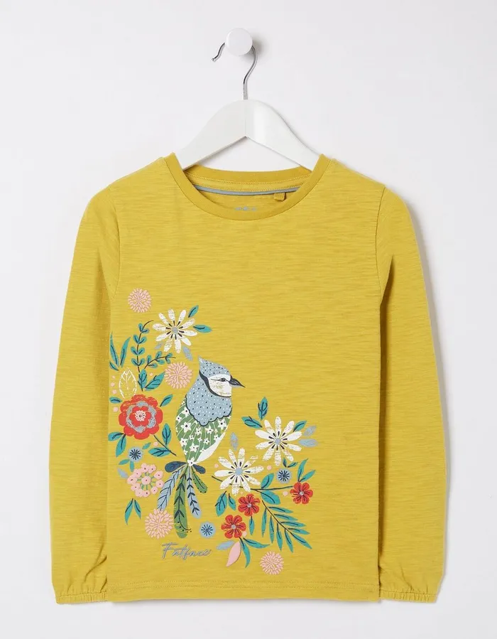Bird Graphic TShirt Washed Yellow Girls FatFace Tops and TShirts