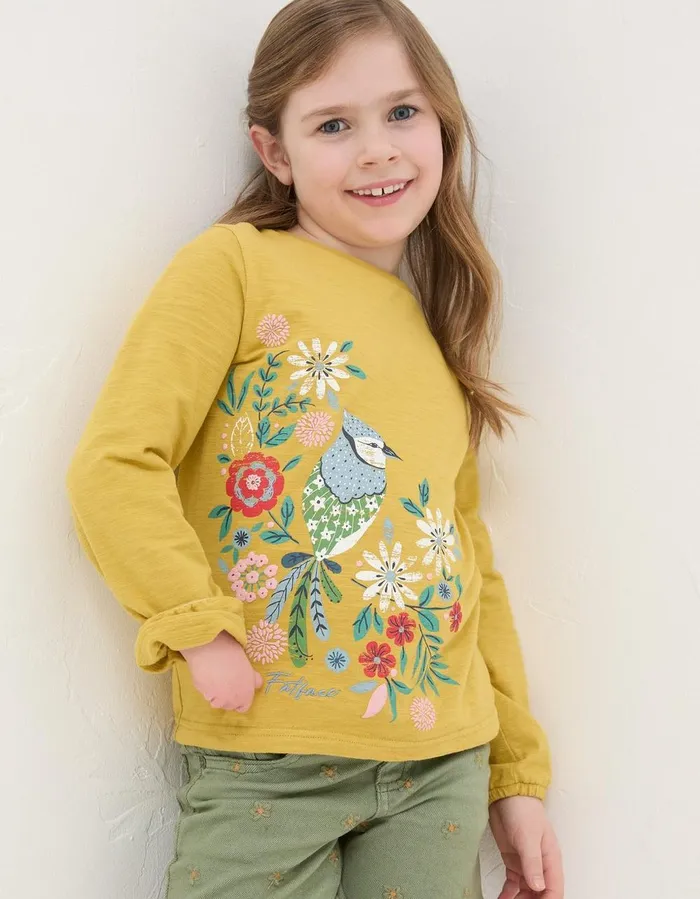 Bird Graphic TShirt Washed Yellow Girls FatFace Tops and TShirts