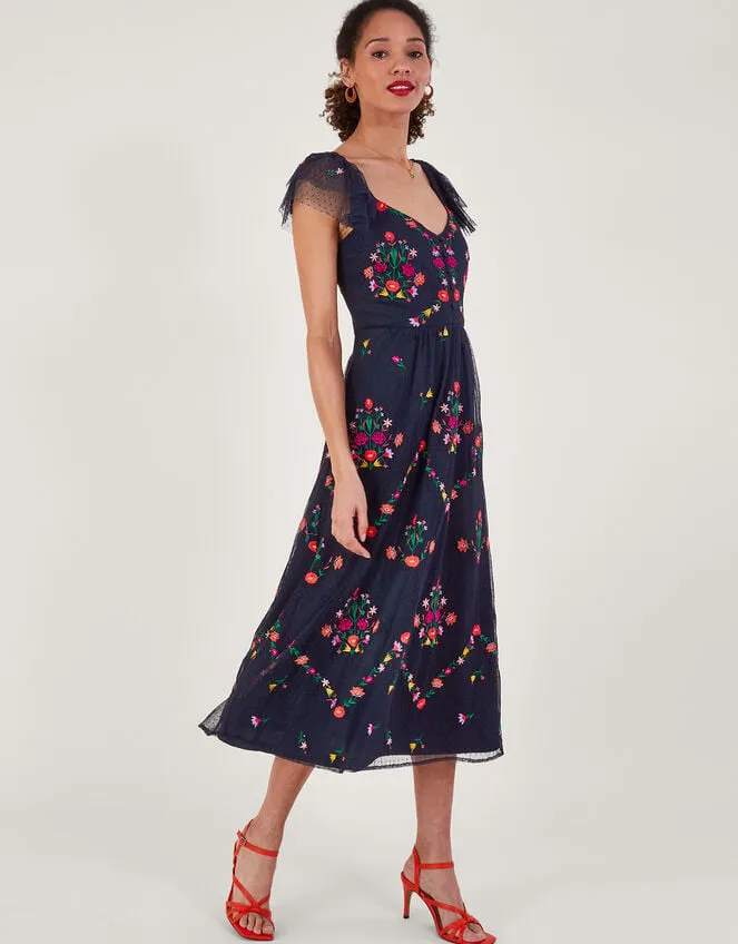 Bonnie Floral Embroidered Tea Dress Blue Women Monsoon Occasionwear