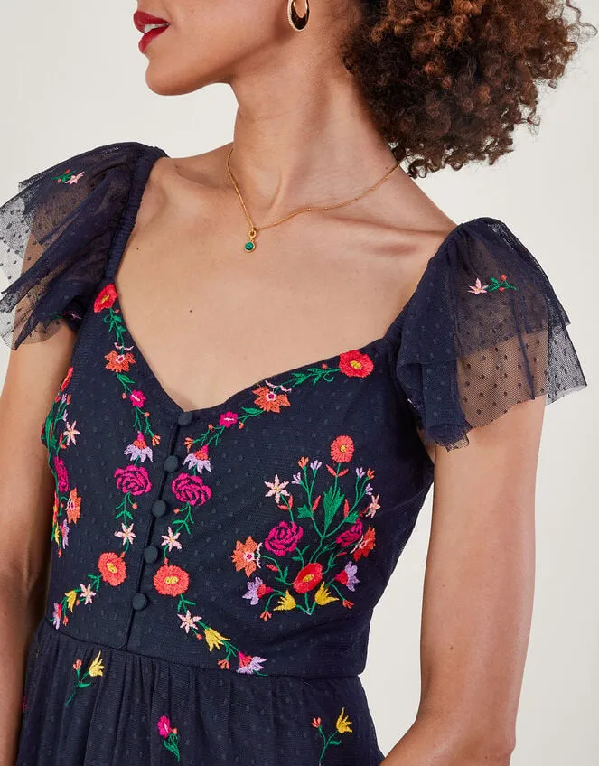 Bonnie Floral Embroidered Tea Dress Blue Women Monsoon Occasionwear