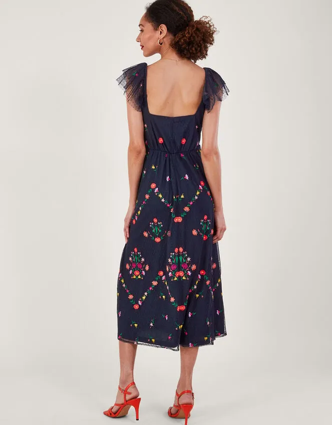 Bonnie Floral Embroidered Tea Dress Blue Women Monsoon Occasionwear