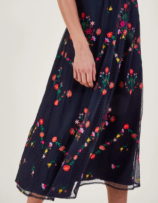 Bonnie Floral Embroidered Tea Dress Blue Women Monsoon Occasionwear