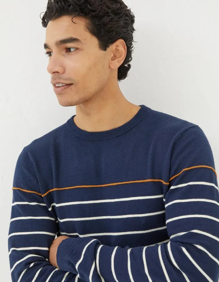 Braunton Stripe Crew Jumper Navy Men FatFace Knitwear