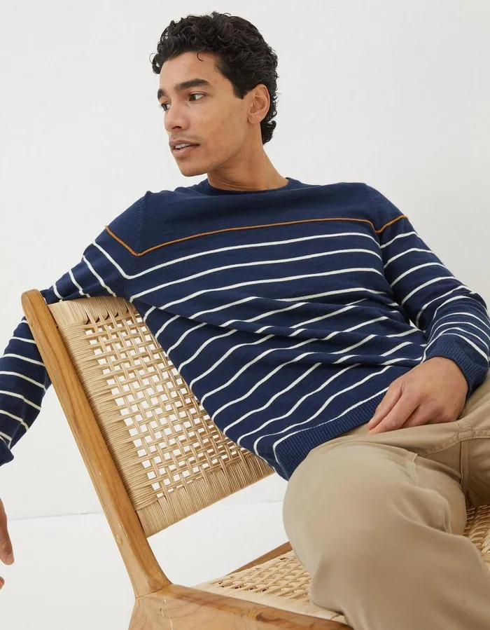 Braunton Stripe Crew Jumper Navy Men FatFace Knitwear