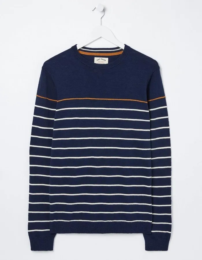 Braunton Stripe Crew Jumper Navy Men FatFace Knitwear