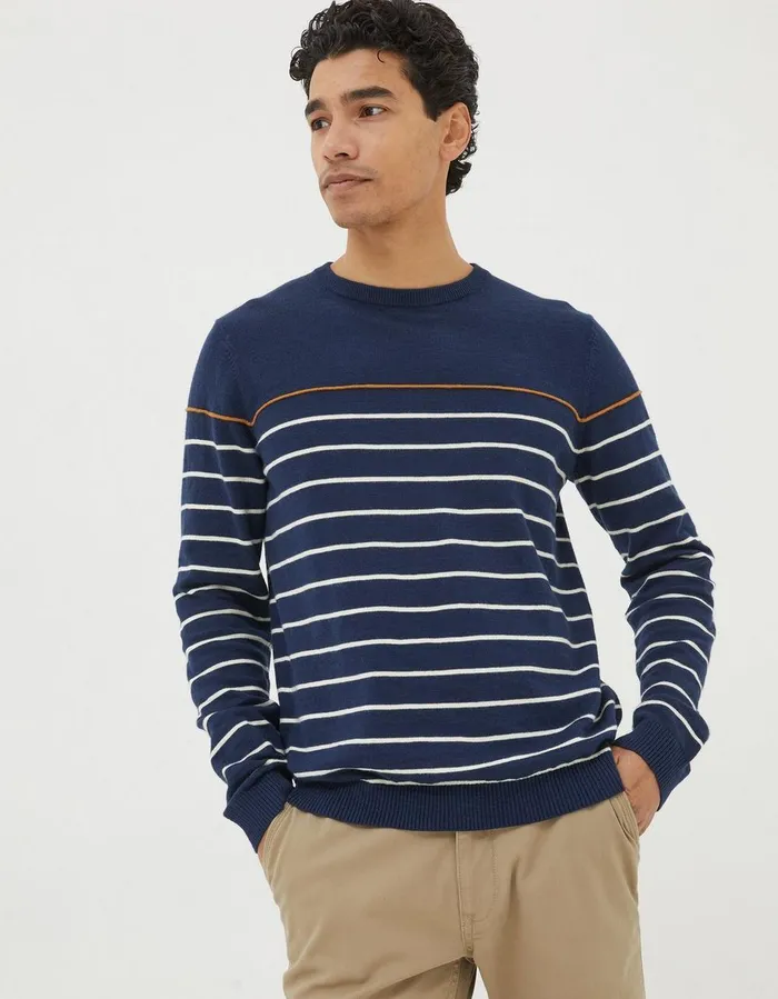 Braunton Stripe Crew Jumper Navy Men FatFace Knitwear