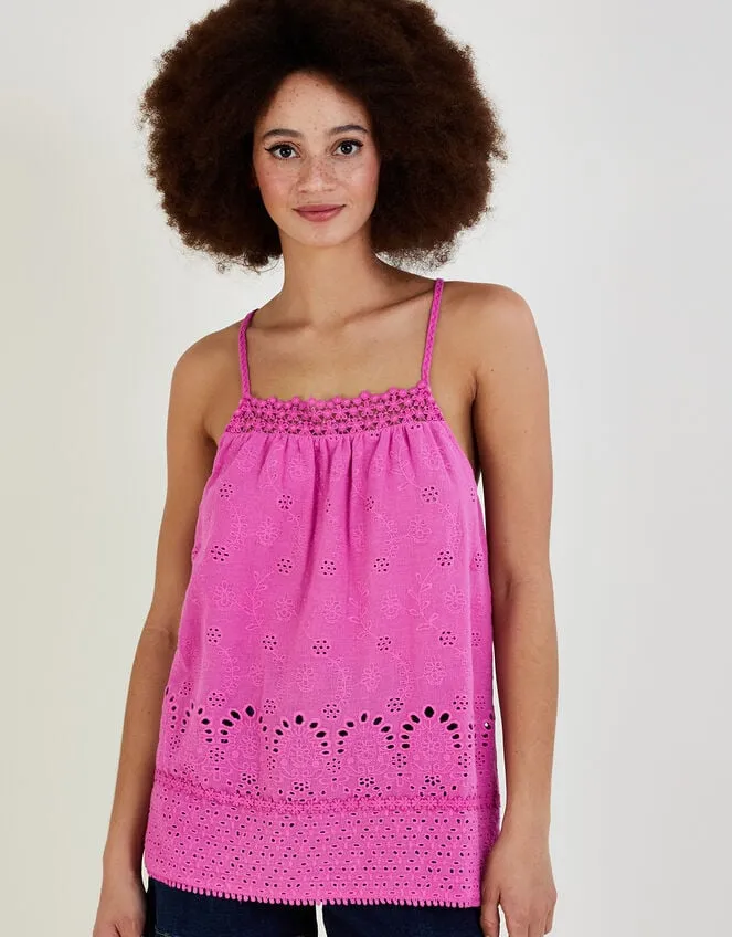 Broderie Detail Cami Top In Sustainable Cotton Pink Women Monsoon Tops and Blouses