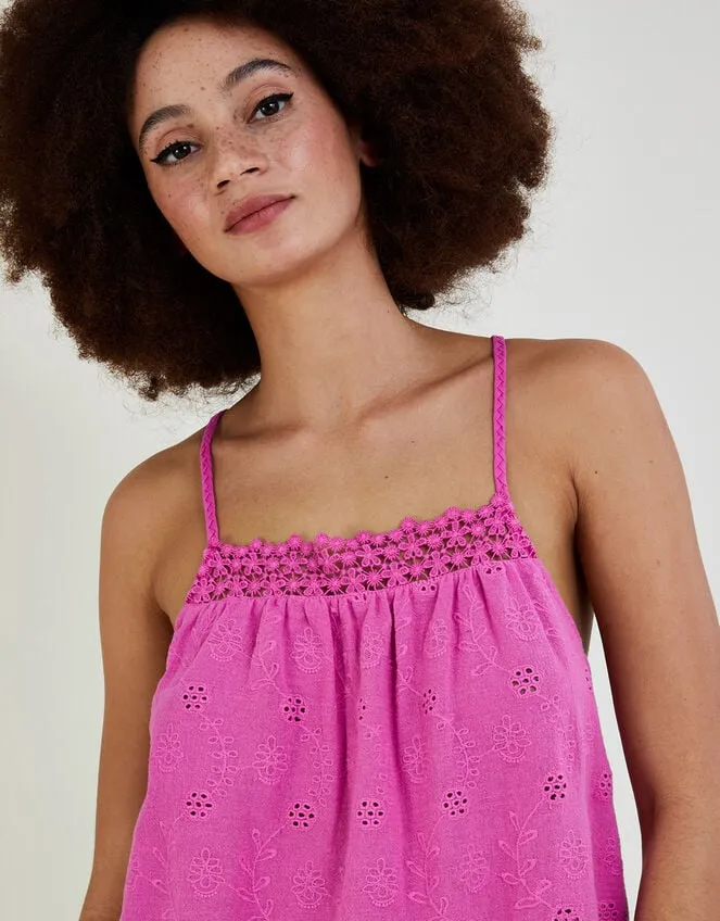 Broderie Detail Cami Top In Sustainable Cotton Pink Women Monsoon Tops and Blouses