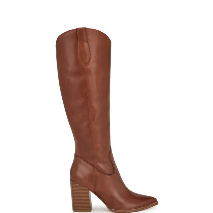 Bromwel Block Heel Boots Dark Natural Leather Women Nine West Heels