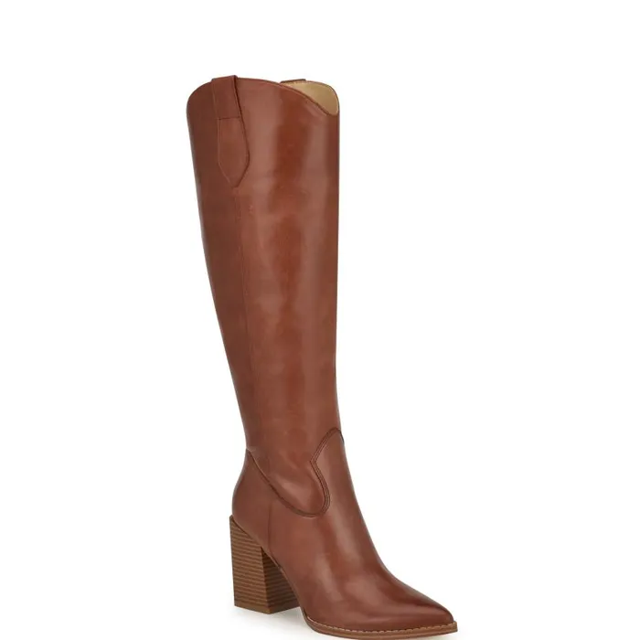 Bromwel Block Heel Boots Dark Natural Leather Women Nine West Heels