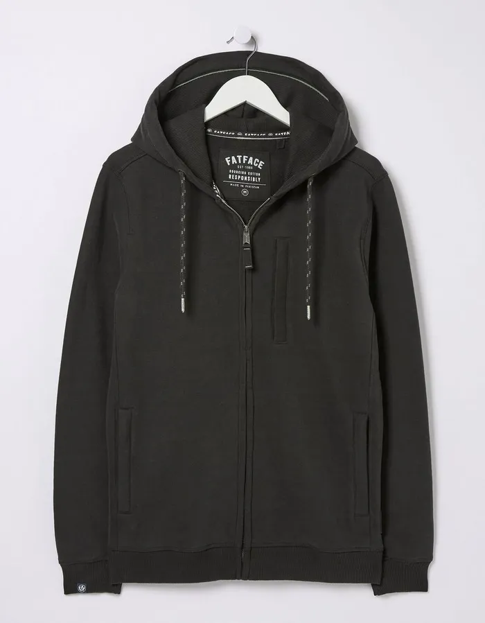 Brooke Zip Through Hoodie Washed Black Men FatFace Sweatshirts and Hoodies