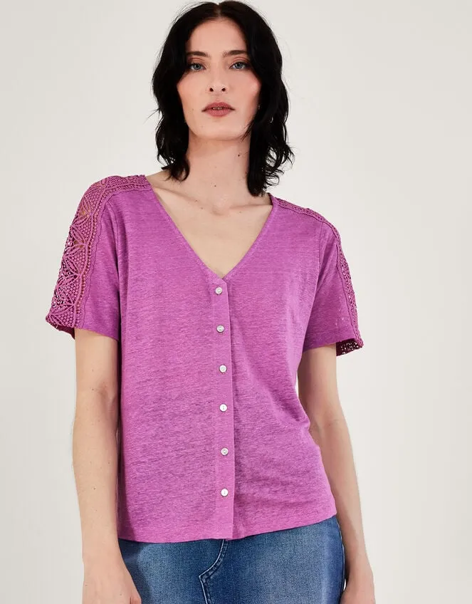 Button Through Lace Linen TShirt Purple Women Monsoon Tops and Blouses