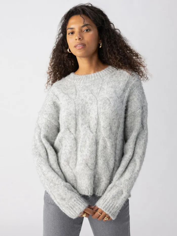 Cable Crew Sweater Heather Grey Women Sanctuary Clothing Sweaters and Cardis