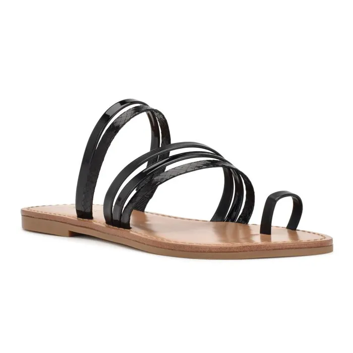 Cins Toe Ring Flat Strappy Slide Sandals Black Women Nine West Sandals