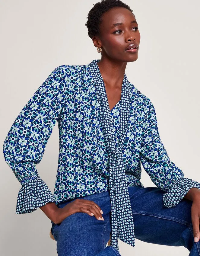 Clover Print Pussybow Blouse Blue Women Monsoon Tops and Blouses